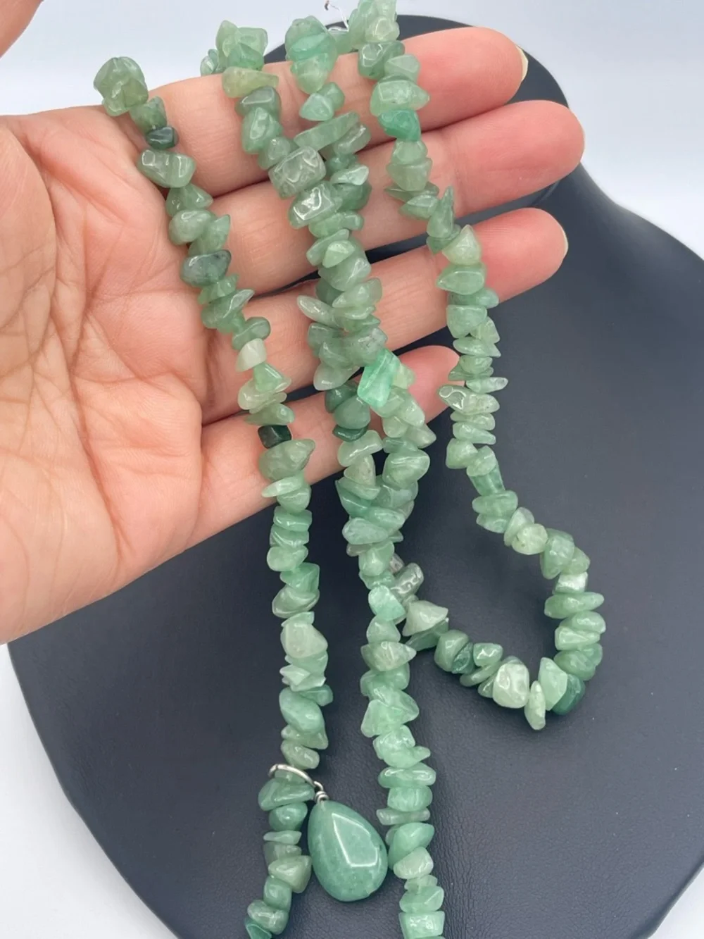 Green Aventurine Chip Long Bead Necklace with Teardrop Pendant Natural Gemstone